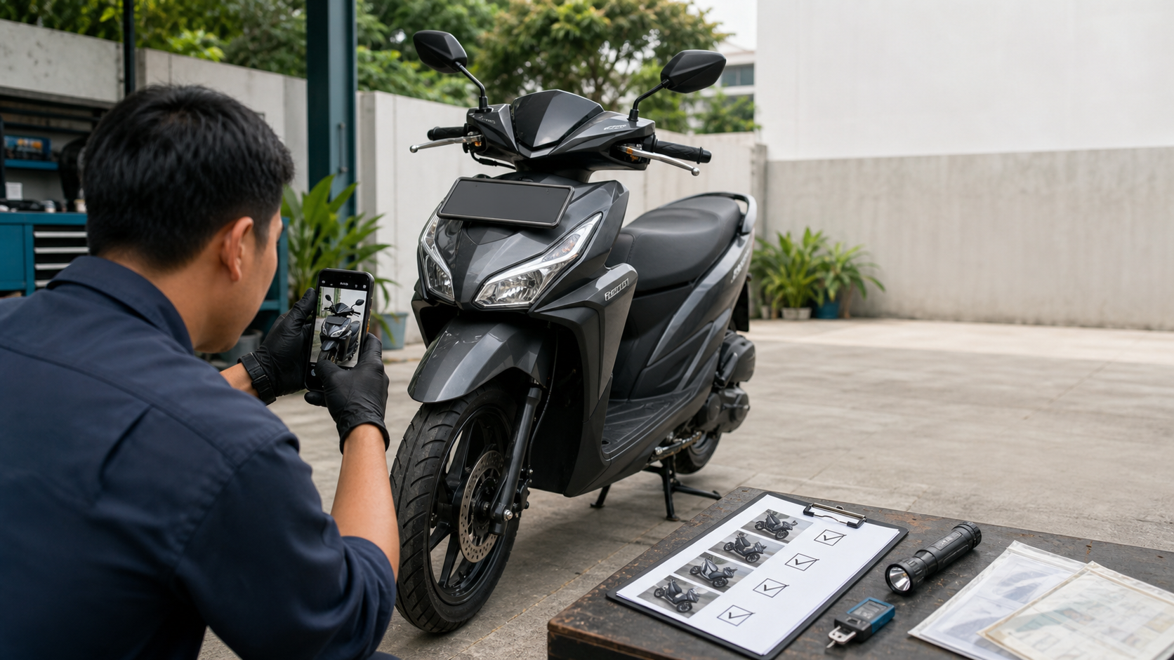 Petugas memotret motor bekas dengan checklist inspeksi dan dokumen di meja